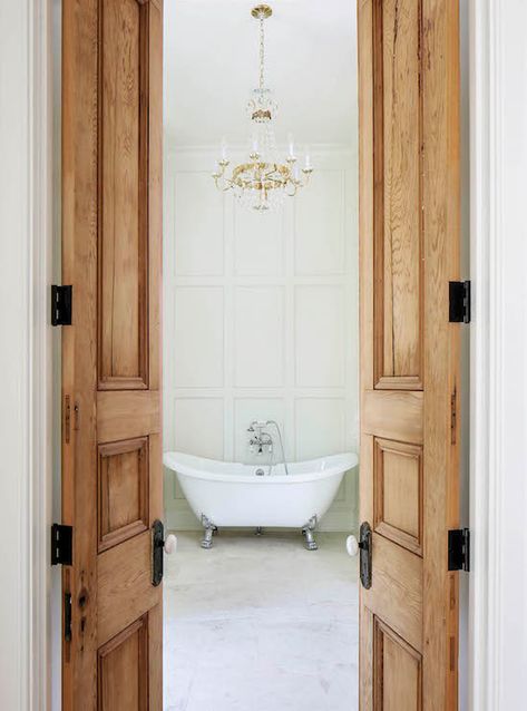 Cypress Doors - French - Bathroom - Telich Custom Homes Narrow French Doors, Bathroom Door Ideas, French Bathroom, Traditional Bathroom Designs, Interior Design Per La Casa, Neutral Interiors, Open Door, White French, French Doors Interior