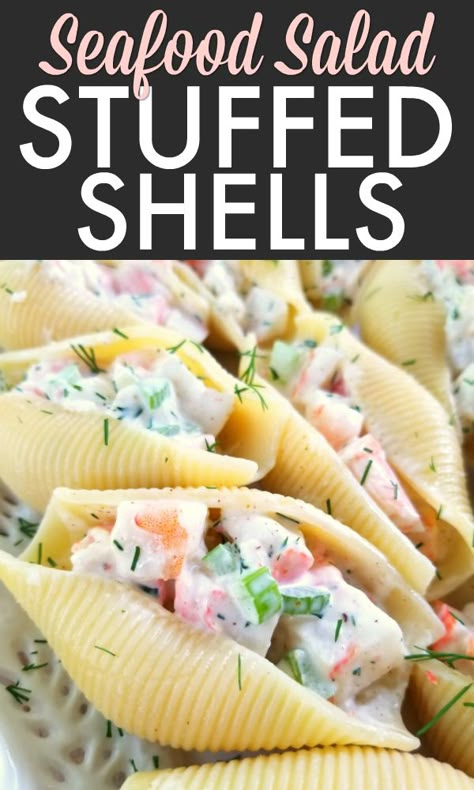 Individual seafood pasta salad servings made with jumbo pasta shells filled with an easy homemade recipe for seafood salad perfect for entertaining and lunch on the go! Seafood Pasta Salad, Sea Food Salad, Seafood Stuffed Shells, Shells Stuffed, South Your Mouth, Seafood Salad Pasta, Sea Food Salad Recipes, Pasta Food Recipes, Jumbo Pasta Shells