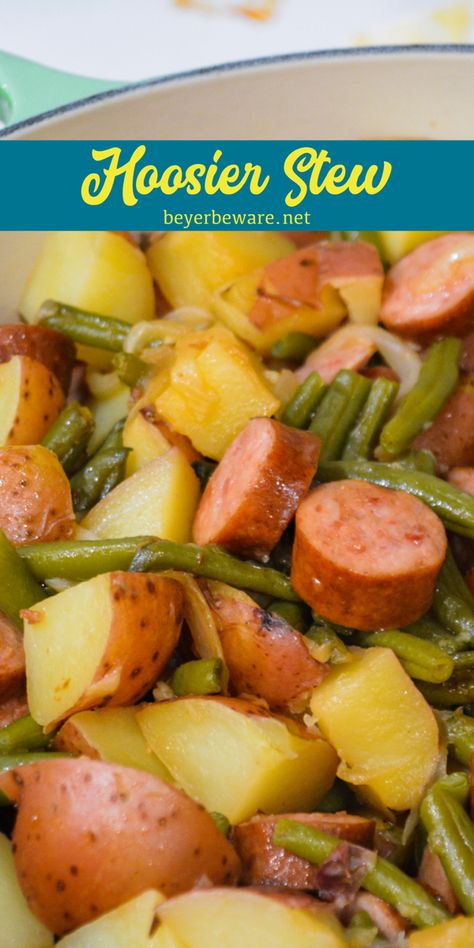 Hoosier Stew is Indiana comfort food with fresh green beans, red potatoes, and smoked sausage that has simmered in caramelized onions and garlic for an easy dinner recipe. So good. So easy. Always a favorite weeknight meal favorite at our house, especially in the summer with fresh green beans. #dinner #dinnerideas #summerrecipe #potatoes #onepot Hoosier Stew, Shipwreck Stew, Sausage Potatoes Green Beans, Sausage Green Bean Potato Casserole, Potatoes And Smoked Sausage, Green Bean Potato Casserole, Green Beans Red Potatoes, Sausage Dinners, Smoked Sausage And Potato Recipe