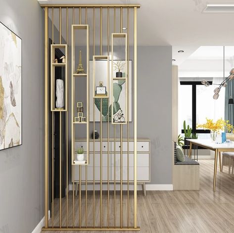 SUS 304 201 New design stainless steel black frame, wooden flower stand in the middle, living room entrance partition screen _ - AliExpress Mobile Modern Partition, Modern Partition Walls, Room Partition Wall, Wall Partition Design, Modern Room Divider, Living Room Divider, Divider Design, Luxury Living Room Design, Living Room Partition