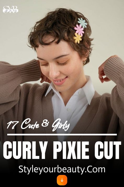 For a girly twist, accessorize your curly pixie cut with cute flower clips. The clips add a whimsical, youthful touch to your curls, making it perfect for festivals or a day out. It�s an easy way to elevate your short hairstyle and add some personality. Hairstyles With Clips, Curled Bangs, Pixie Cut Hairstyles, Curly Pixie Cut, Highlighted Bangs, Side Swept Curls, Soft Bangs, Baby Bangs, Mullet Haircut