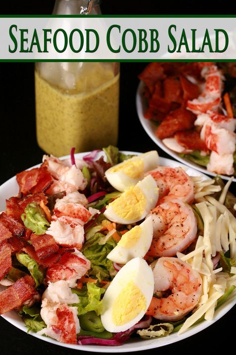 A seafood cobb salad with lobster and shrimp Seafood Cobb Salad, Dill Vinaigrette, Cobb Salad Recipe, Salad With Lemon, Lemon Dill, Delicious Salads, Summer Salads, Salad Recipe, Treat Yourself