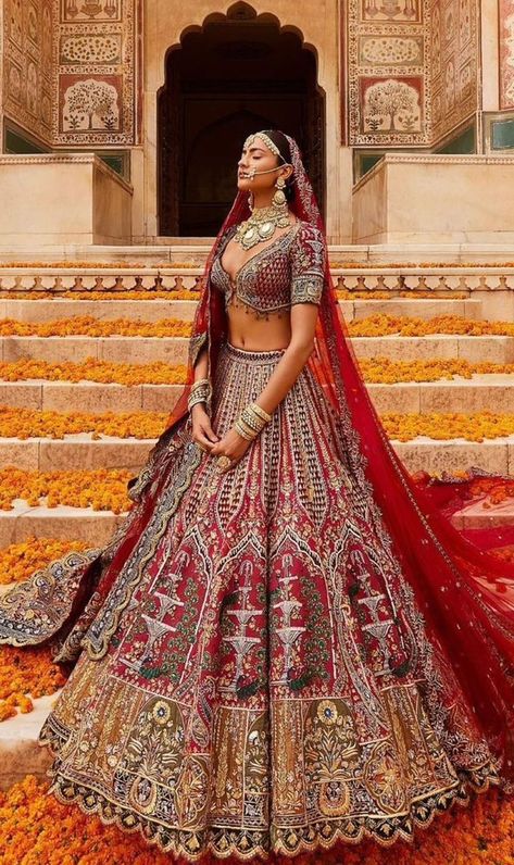 Sabyasachi Bride Lehenga, Red Bridal Lengha Sabyasachi, Indian Reception Lengha, Regal Bridal Lehenga, Aesthetic Bridal Lehenga, Colorful Bridal Lehenga, Indian Bridal Outfits Sabyasachi, Indian Bride Outfits Red, Red Shaadi Lehenga