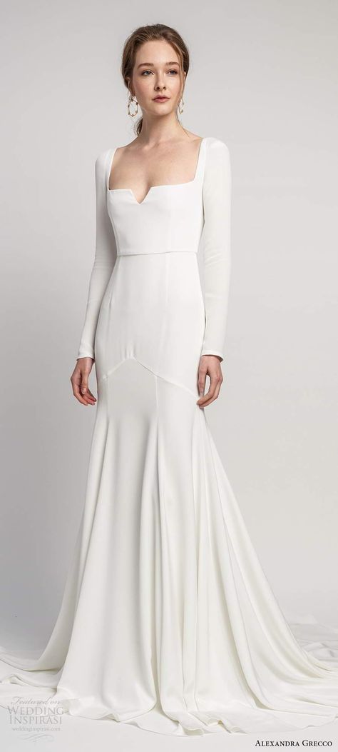 alexandra grecco 2020 bridal long sleeves square neckline minimalist clean fit flare mermaid wedding dress keyhole back chapel train (1) mv -- Alexandra Grecco 2020 Wedding Dresses | Wedding Inspirasi  #wedding #weddings #bridal #weddingdress #weddingdresses #bride #fashion #collection:LoverofMine #label:AlexandraGrecco #week:382019 #year:2020 ~ Wedding Dress Keyhole Back, Square Neck Wedding Dress, Contemporary Wedding Dress, Alexandra Grecco, Neck Wedding Dress, Minimalist Wedding Dresses, Contemporary Wedding, Casual Wedding Dress, Sleeve Wedding Dress