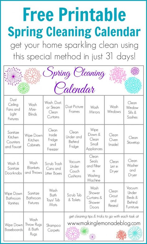 Free Printable Spring Cleaning Calendar-- one task a day gets your spring cleaning done in just 31 days! Check out the full post at www.makinglemonadeblog.com for tips and tricks on getting the most from this FREE printable! #springcleaning #printable #cleaning Spring Cleaning Calendar, Spring Cleaning Schedules, Cleaning Calendar, Making Lemonade, Cleaning Printable, Cleaning Schedules, Spring Cleaning Checklist, Cleaning And Organization, Cleaning Tips Tricks