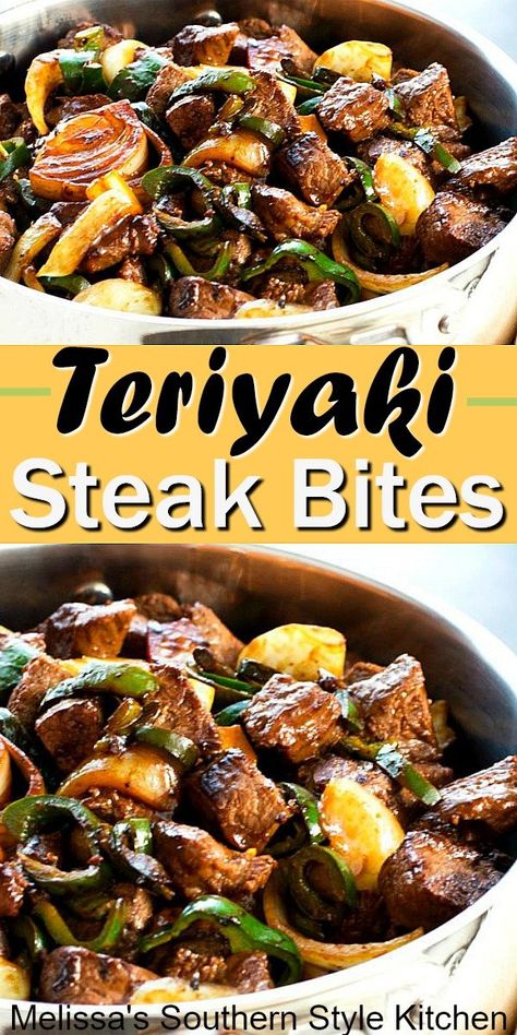 Teriyaki Steak Bites, Peper Steak, Onion Steak, Teriyaki Steak, Beef Teriyaki, Steak Dishes, Green Recipes, Pepper Steak, Steak Bites