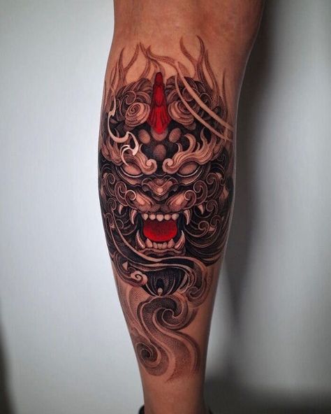 Foo Dog Tattoo Design Sleeve, Perro Fu Tattoo, Fudog Tattoo Design, Chinese Lion Tattoo, Calf Tattoo Designs, Foo Dog Tattoo Design, Calf Tattoo Men, Tattoo Healing, Foo Dog Tattoo