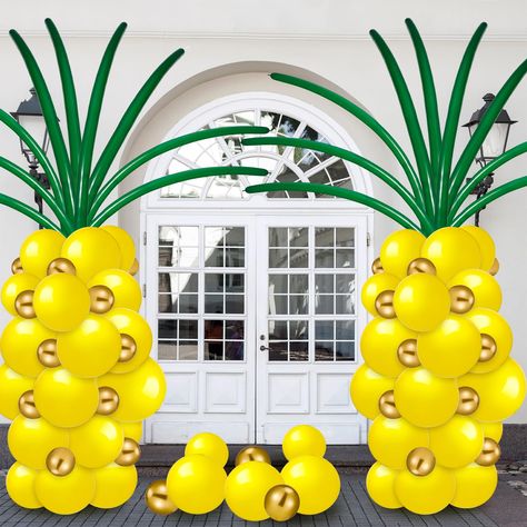 PRICES MAY VARY. Pineapple Balloons Set: you will receive 60 pieces of yellow latex balloons in 2 different sizes, 40 pieces of golden balloons, and 30 pieces of green long latex balloons, equipped with 2 rolls of balloon chains and 2 rolls of adhesive dots for easy assembly, such a rich combination can easily satisfy your various decoration needs Detailed Size: after inflation, the yellow latex balloons are approx. 12 inches and 10 inches in diameter respectively, the gold latex balloons are ab Tropical Birthday Decorations, Fruit Balloons, Tropical Garland, Pineapple Balloons, Aloha Birthday, Pineapple Party, Hawaiian Party Decorations, Spongebob Party, Summer Party Themes