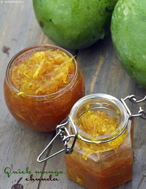 Quick Mango Chunda, Aam ka Chunda, Gujarati Raw Mango Sweet Pickle Sweet Pickle Recipe, Sweet Pickles Recipe, Indian Pickle Recipe, Mango Sweet, Garlic Chutney, Pickle Recipe, Raw Mango, Paratha Recipes, Homemade Pickles