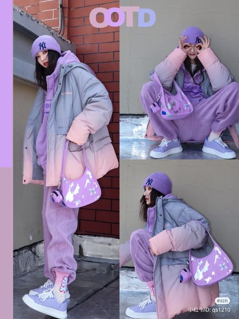 Colorful Streetwear Women, Purple Pastel Outfit, Colorful Comfy Outfits, Holo Outfit, Jojo Outfit Ideas, City Pop Aesthetic Outfits, Purple Winter Outfit, Purple And Pink Outfit, Hongdae Fashion