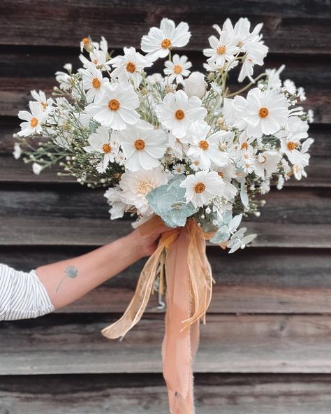 White Cosmos Bouquet, White Bridesmaid Flowers, Cosmos Bridal Bouquet, Cosmos Wedding Bouquet, Daisy Bridesmaid Bouquet, Daisy Wedding Theme, Simple Bridesmaid Bouquets, White Daisy Bouquet, Daisy Bridal Bouquet