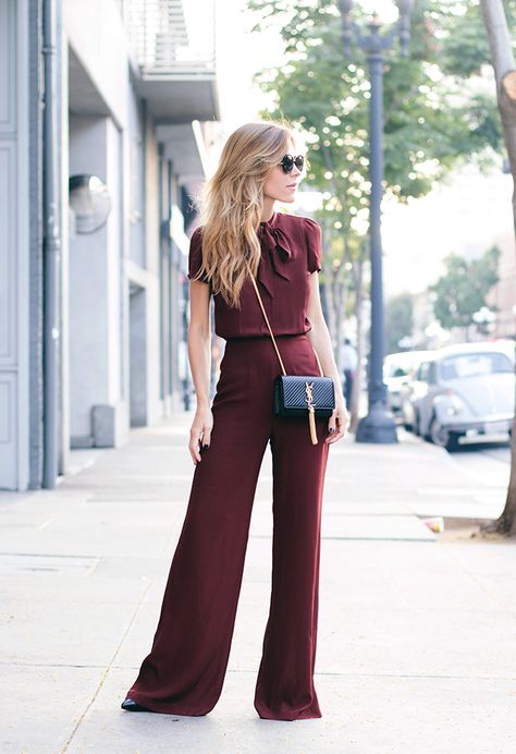 How to Wear a Jumpsuit—45 easy outfits to copy | Oxblood wide leg jumpsuit. Such a cute date night outfit! Maroon Outfit, Burgundy Jumpsuit, Burgundy Outfit, Fest Outfits, Fabric Dye, Quoi Porter, Jumpsuit Elegant, Jumpsuit Outfit, Modieuze Outfits