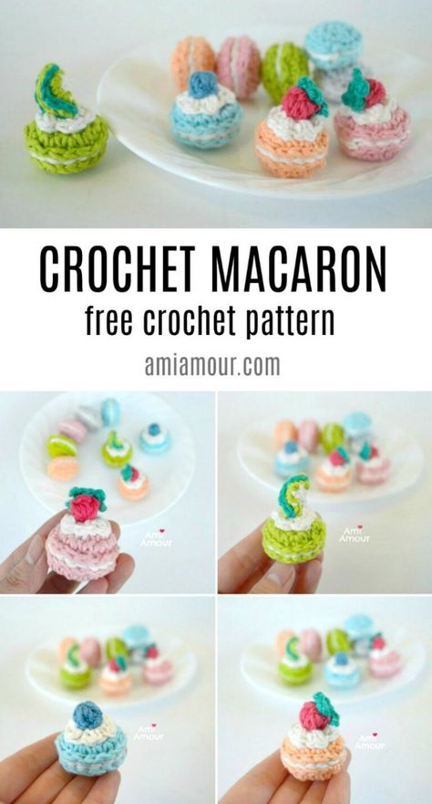 Macaroon Crochet Free Pattern, Macaron Crochet Pattern, Crochet Sweets Free Patterns, Crochet Macaron, Crochet Sweets, Amigurumi Food, Food Crochet, Crochet Cake, Flavor Combinations