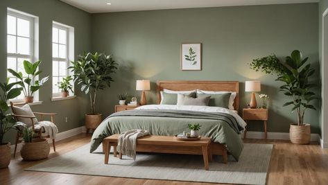 Design a peaceful and sophisticated sage green master bedroom. Learn how to choose the right shade, furniture, and accents to create a serene and stylish space. Sage Green And Wooden Bedroom, Sage Green Cozy Bedroom, Sage Green Paint For Bedroom, Sage Green Paint Colors Bedroom, Bedroom With Sage Green Walls, Natural Green Bedroom, Sage Green Bedding Aesthetic, Sage Walls Bedroom, Sage Green Bedroom Accent Wall