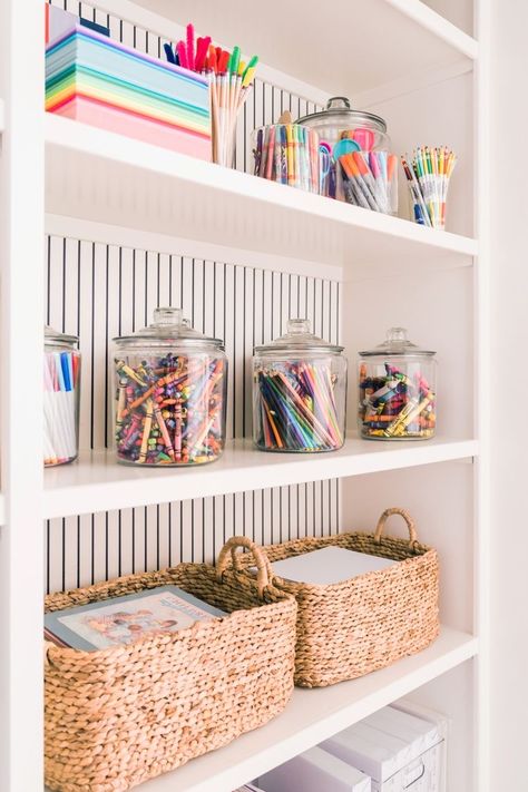 Basement And Playroom Ideas, Playroom With Built In Shelves, Bedroom Turned Into Playroom, Unique Living Room Seating, Flexible Home Office Space, Playroom Design Colorful, Playroom Shelf Ideas, Light Fixture For Playroom, Small Playroom Ideas Minimalist