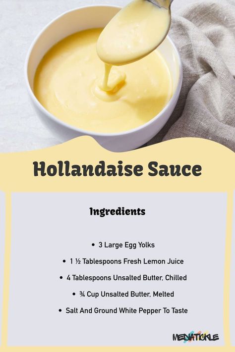 Hollandaise Sauce Ingredients: Butter, egg yolks, lemon juice, and a hint of cayenne pepper. Perfect your brunch game with this creamy classic! 🍳🍋 #HollandaiseSauce #BrunchRecipes Eggs With Hollandaise Sauce, Benedict Eggs Recipe Hollandaise Sauce, Magic Butter Sauce, Egg Benedict Sauce, Lemon Hollandaise Sauce, Benedict Sauce Recipe, Eggs Benedict Hollandaise Sauce, Egg Benedict Recipe, Eggs Benedict Hollandaise