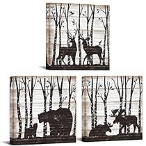 Hunting Artwork, Three Piece Wall Art, Moose Painting, Moose Family, Bear Canvas, Moose Decor, Wall Art Forest, Bear Artwork, Art Deco Theme