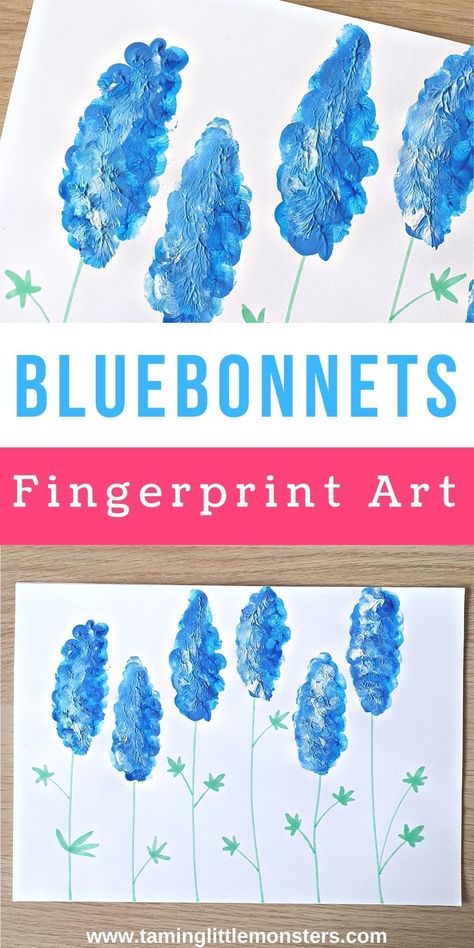 Fingerprint Bluebonnets - Art for Kids. this is a lovely fingerprint art idea for toddlers and preschoolers #artsandcrafts #spring #toddler #preschool Texas Art Preschool, Bluebonnet Craft Preschool, Blue Crafts For Toddlers, Spring Arts And Crafts, Spring Crafts Preschool, Weekly Themes, Prek Crafts, Cowboy Crafts, Texas Theme