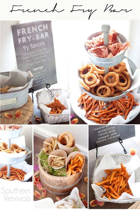 A French Fry Bar - A party food station that boasts LOADED White Truffle Rosemary Fries with Ranch Aioli and a Crispy Onion Ring topped Southern BBQ & Slaw Sandwich with Spicy Sweet Potato Fries.#SpringIntoFlavor #CollectiveBias #ad @Alexia @Walmart French Fry Bar, Reception Food Station, Wedding Reception Food Stations, Fry Bar, Spicy Sweet Potato Fries, Wedding Food Bars, Baked Potato Bar, Burger Party, Wedding Food Stations