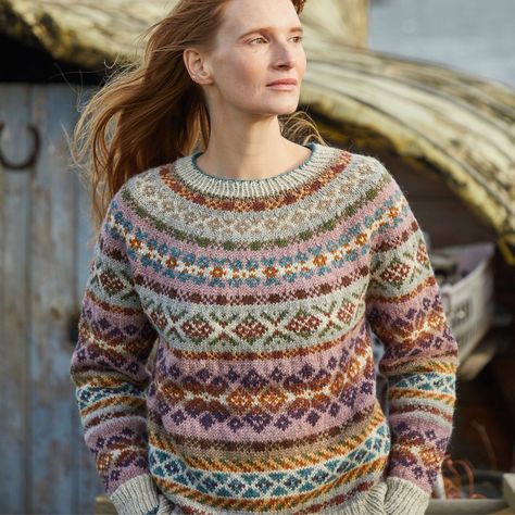 Farne is a stunning design in Marie Wallin's Aran Collection. This all over Fairisle design makes beautiful use of the 12 colors of British Breeds Aran yarn which is a 100% wool yarn known as a worsted weight in the US. Purchase your knitting kit at The Woolly Thistle! Fair Isle Cardigan Knitting Pattern, Punto Fair Isle, Marie Wallin, Sweater Designs, Fair Isle Knitting Patterns, Fair Isles, Knit In The Round, Fair Isle Knitting, Sock Yarn