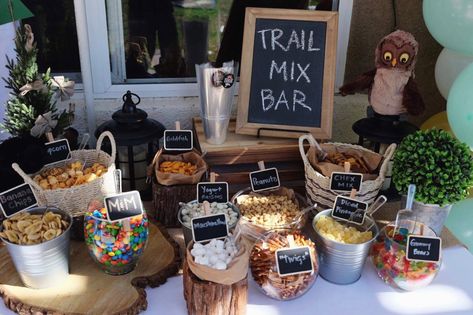 Woodland theme Trail Mix Bar. Trail Mix Bar Birthday Party, Trail Mix Bar Camping Theme, Woodland Trail Mix Bar, Trail Mix Bar Party, Trail Mix Bar For Wedding, Make Your Own Trail Mix Bar, Build Your Own Trail Mix Bar, Trail Mix Bar Make Your Own, Trail Mix Bar Ideas