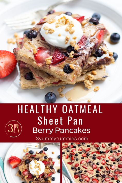 These Healthy Oatmeal Sheet Pan Berry Pancakes are made in a blender for an easy and flavorful breakfast.  Leftovers make a great meal option for busy weekday mornings. Healthy Sheet Pancakes, Sheet Pan Oat Pancakes, Oatmeal Sheet Pan Pancakes, Homemade Sheet Pan Pancakes, Sheet Pan Oatmeal Pancakes, High Protein Sheet Pan Pancakes, Healthy Sheet Pan Pancakes, Protein Pancake Bake, Breakfast Sheet Pan Recipes