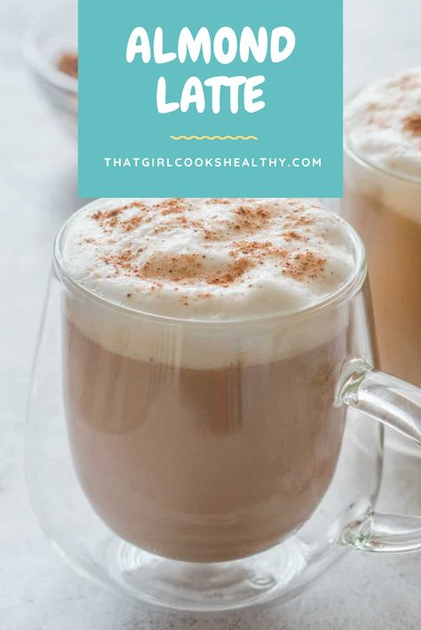 Almond Latte in a glass mug. Almond Milk Latte, Almond Latte, Hot Drinks Recipes, Burnt Coffee, Dairy Free Alternatives, Dairy Free Breakfasts, Almond Extract, Weight Watchers Desserts, Savory Vegan