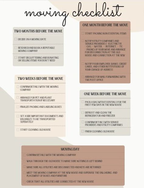 Are you getting ready to move to a new home? Keep yourself organized and on track with this comprehensive moving checklist! This checklist covers everything from pre-move planning to unpacking and settling in. With clear categories and actionable steps, you won't overlook any important details during your move. Print it out and keep it handy as you navigate your move. This moving checklist is perfect for anyone who needs a little extra help staying organized during a stressful time. Download it today and make your move a little smoother! Design can not be resold. Planning A Move To Another State, House Packing List Moving Checklist, Apartment List Moving Checklist, Moving Out Aesthetic, Moving To A Different State, Packing List For Moving, Packing Tips Moving, Moving To Do List, Moving Tips And Tricks