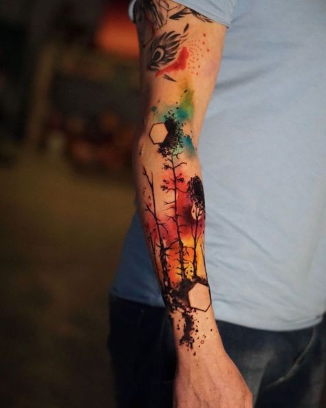 Men Watercolor Tattoo, Men’s Watercolor Tattoo, Water Colour Tattoo Designs For Men, Watercolor Forearm Tattoo, Watercolour Tattoo Men, Colorful Sleeve Tattoos, Tattoo Colorful, Tattoos With Kids Names, Cool Tattoo