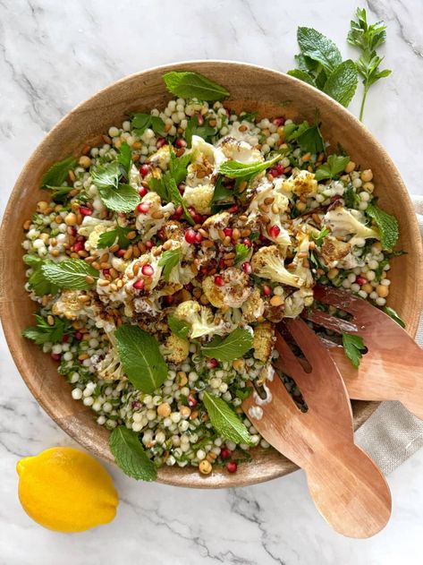 Middle Eastern Cauliflower Salad Middle Eastern Broccoli, Middle Eastern Cauliflower, Pearl Couscous Salad, Lebanese Salad, Middle Eastern Salads, Roasted Cauliflower Salad, Pearl Couscous, Herb Salad, Head Of Cauliflower