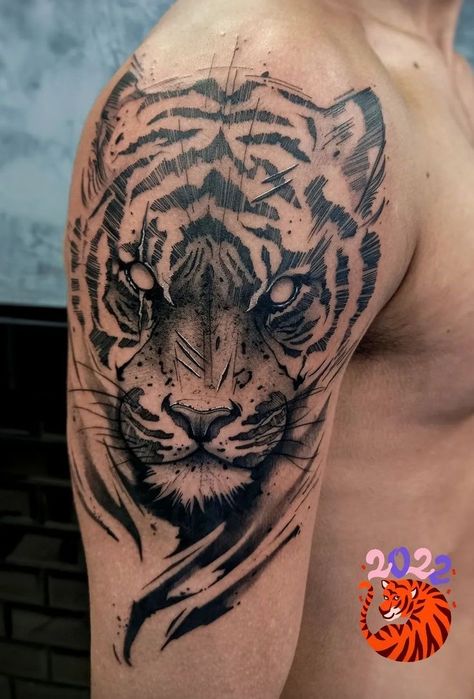 Tiger Bicep Tattoo Men, Tiger Tattoo Shoulder Men, Tiger Tattoo Design Men Shoulder, Tiger Tattoo Shoulder, Tiger Stripes Tattoo, Tiger Tattoo On Shoulder, Mens Tiger Tattoo, Hai Tattoo, Tiger Head Tattoo