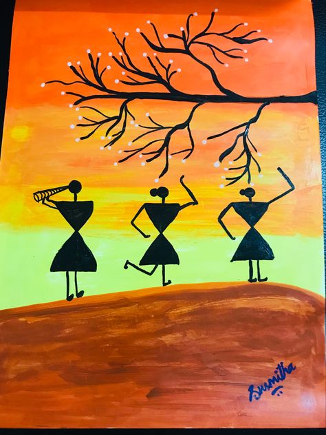 Acrylic Warli Art Paintings Warli Art Paintings On Wall, Warli Art Easy, Warli Paintings, Worli Painting, Warli Art, Composition Painting, Cute Borders, School Wall Art, Fabric Paint Designs