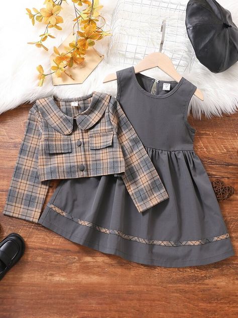 Free Returns ✓ Free Shipping✓. SHEIN Kids SUNSHNE Toddler Girls Plaid Print Jacket & Contrast Piping Dress- undefined at SHEIN. Baby Mode, Shein Kids, Kids Frocks Design, Girls Frock Design, Kids Fashion Dress, Kids Designer Dresses, Baby Frocks Designs