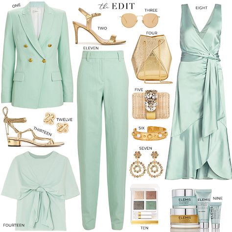 Mint Color Outfits, Pastel Green Blazer Outfit, Mint Green And White Outfit, Mint Green Outfits Color Combos, Mint Shoes Outfit, Green Mint Outfit, Mint Green Blazer Outfit, Mint Green Shoes Outfit, Womans Trousers