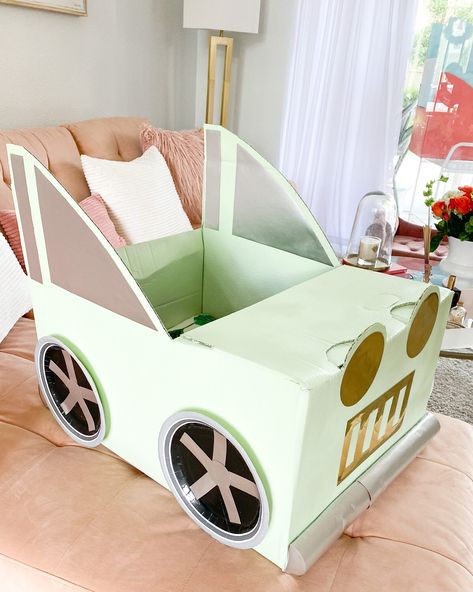 DIY CARDBOARD BOX CARS (WITH FREE PRINTABLE) - The Fashionable Accountant Barbie Cardboard Box Car, Cardboard Box Cars, Diy Homeschool, Cardboard Box Car, Car Box, Cardboard Car, Box Cars, Homeschool Projects, Cardboard Box Crafts