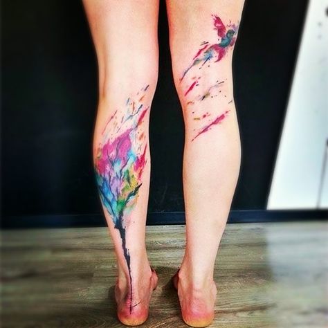 Calf Tattoos For Women, Colour Tattoo For Women, Best Leg Tattoos, Watercolor Tattoos, Skeleton Hand Tattoo, Leg Tattoos Women, Leg Sleeve Tattoo, 3d Tattoos, Knee Tattoo