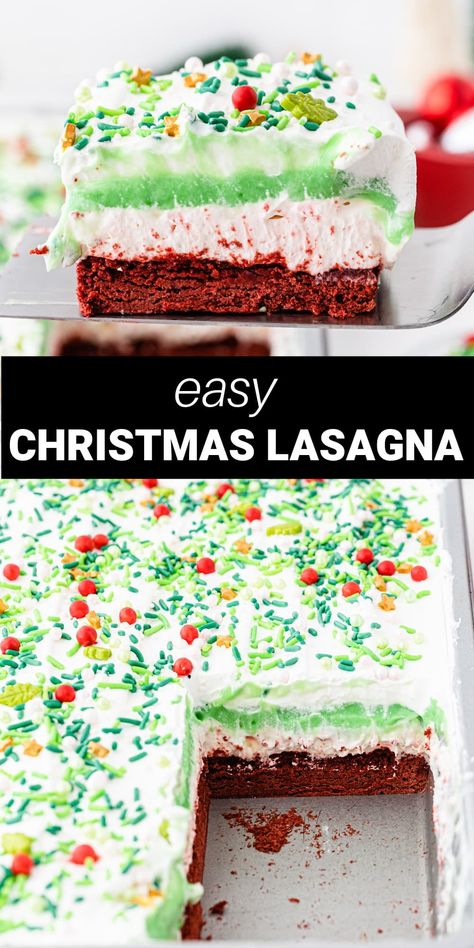 Holiday Pudding Desserts, Christmas Dump Cake Recipes, Christmas Pudding Desserts, Light Christmas Dessert Recipes, Dessert Lasagnas, Lasagna Cake, Christmas Lasagna, Moist Red Velvet Cake, Christmas Confections