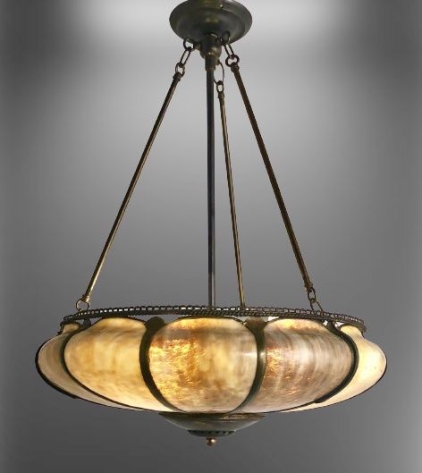 Handel was a Company that sold Portable Lamps at the turn of the 20th Century. Occasionally we run across a Ceiling Fixture that was theirs. This one is in the Arts and Crafts Art Nouveau style with Amber Slag glass panels. The bends in the panels are used to create a very low profile bowl which is quite stylized in the Art Nouveau Arts and Crafts style. Art Nouveau Ceiling Light, Arts And Crafts Light Fixtures, Art Nouveau Light Fixtures, Arts And Crafts Lighting, Art Nouveau Chandelier, 1920s Light Fixtures, Bedroom Lamps Ceiling, Craftsman Chandelier, Spanish Art Deco