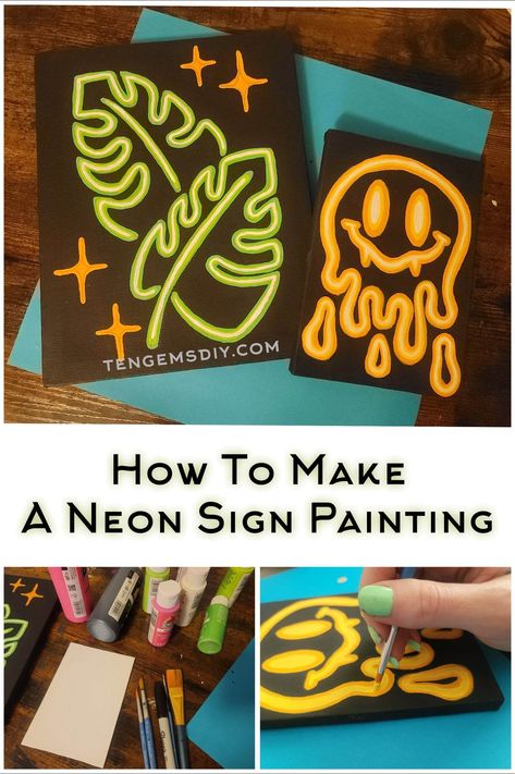 Oh my gosh, this tutorial for How To Make A Neon Sign Painting has us so excited! These DIY neon signs will go great next to the lava lamp. Art Club Painting Ideas, One Lesson Art Ideas, Neon Art Tutorial, Halloween Neon Painting, Glow In The Dark Elementary Art, Elementary Painting Lessons, Neon Art Lesson, Painting Projects For Middle School, Easy Art Class Ideas