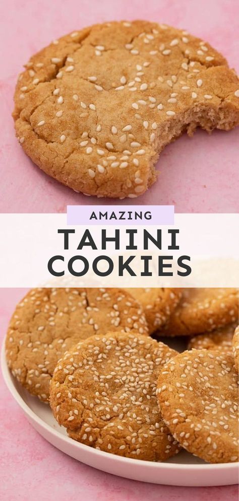 Crunchy and sweet, these homemade Tahini Cookies are so easy to make. Filled with tahini, honey and rolled in sesame seeds, they boast a crispy, crunchy texture and a unique flavour. They’re also egg-free! Recipe from sweetestmenu.com #cookies #tahini Sesame Honey Cookies, Tahini Dessert Recipes, Cookies No Eggs, Tahini Cookies Recipe, How To Make Tahini, Sesame Cookies, Homemade Tahini, Tahini Cookies, Tahini Recipe