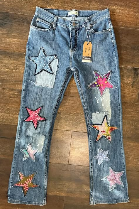 HerdingBoho - Etsy Australia Jeans With Star Patches, Jean Refashion, Patch Work Jeans, Jeans Patches, Jeans With Patches, Ropa Upcycling, Patched Denim, Patched Denim Jeans, Star Patches