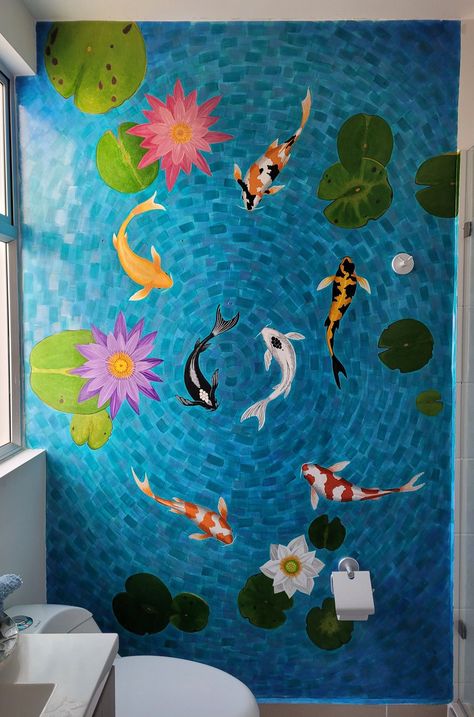 Koi Fish Mural, Wall Painting Ideas Aesthetic, Fish Mural, Bathroom Mural, Koi Fish Drawing, Paint Color Ideas, Koi Art, School Murals, Bedroom Murals