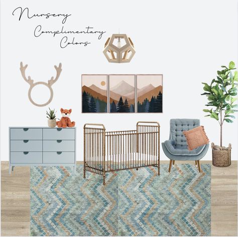 Blue Green Orange Nursery, Blue And Orange Nursery, Orange Nursery, Nursery Boho, Blue Nursery, Blue Green Orange, Complimentary Colors, Boho Nursery, Neutral Palette