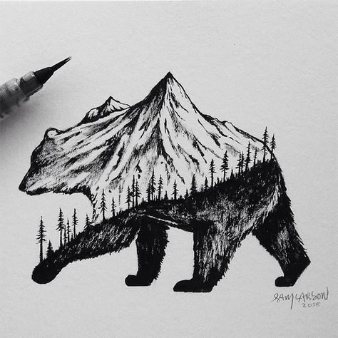 Usually it's the double exposure photographers that try to combine animals and their surroundings. Not so with Sam Larson! Illustration Kunst, Drawing Eyes, Drawing Faces, Bear Art, Black And White Drawing, Drawing Tutorials, Pen Art, Disney Drawings, Art Watercolor