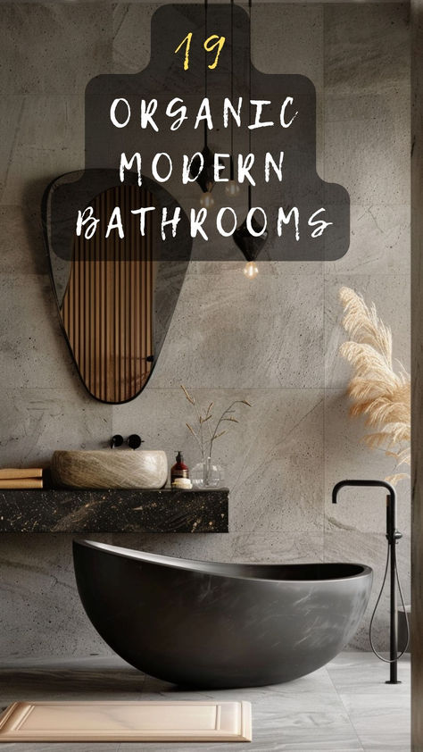 Ready For A Refresh? Click To See 19 Stunning Organic Modern Bathroom Ideas That Will Transform Your Space Into A Serene Haven. 🛁🌱 #BathroomMakeover #ModernOrganic #SereneSpaces #HomeDecor #EcoFriendly Modern Unique Bathroom Design, Cabin Bathroom Modern, Zen Small Bathroom Ideas, Modern Powder Bathroom Ideas, Master Bath Accent Wall Behind Tub, Zen Master Bath Ideas, Dark Primary Bathroom, Double Sink Bathroom Ideas Modern Floating Vanity, Neutral Moody Bathroom