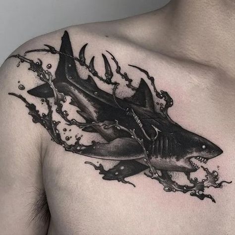 Sea Tattoo Sleeve, Shark Tattoo Ideas, Hammerhead Shark Tattoo, Lavender Tattoo, Shark Tattoo, Water Tattoo, Skeleton Tattoos, Ocean Tattoos, Shark Tattoos