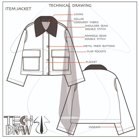 Hi everyone!  . Let's talk about the fashion technical/CAD/flat drawing of this Short Jacket! It has lining on the inside, collar of the corduroy fabric, shoulder & armhole seam (double stitches), four metal press buttons, a placket, two flap pockets at the front and a inseam.  ... Join my patreon to see more!  www.patreon.com/TECHDRAW ... Want to know how to make a fashion technical/flats drawing of this Jacket? Visit my youtube channel to see how! https://www.youtube.com/@tech0draw Technical Drawings Fashion, Flat Fashion Illustration, Flat Pattern Fashion, Sew Jacket Pattern, Jackets Drawing, Placket Design, Technical Jacket, Fashion Flats Illustrations, Fashion Technical Sheet