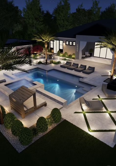 Pool Lanai Ideas, Pool Oasis Backyard, Backyard Inground Pool Ideas, Fire Feature Pool, Black Bottom Pools, Modern Pool Design, Aesthetic Pool, Black Pool, House Pool