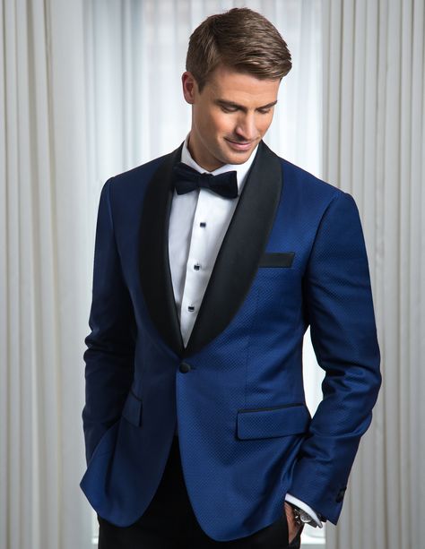 BALANI Custom Royal Blue Tuxedo with contrasting black satin lapels. Royal Blue Tux, Blue Suit Outfit, Blue Tuxedo Jacket, Blue Tuxedo Wedding, Blue Tux, Tuxedo Wedding Suit, Prom Men, Blue Tuxedo, Custom Tuxedo