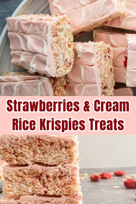 Freeze-dried strawberries give a tasty and fun twist to a classic cereal bar dessert. This no-bake dessert bar is ready to eat in about 30 minutes. Serve these pretty Strawberry Rice Krispies treats for any occasion including baby showers, Valentine's Day and Christmas. #ricekrispiestreats Strawberry Rice Krispie Treats, Rice Krispies Treats Recipe, Creamed Rice, Rice Krispies Treats, Cereal Bar, Krispy Treats, Good Pie, Cookie Recipes Homemade, Krispies Treats